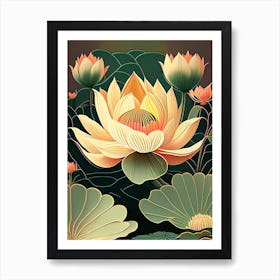 Lotus Flower In Garden Retro Illustration 1 Art Print