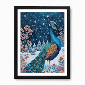 Folky Peacock In A Snow Scene 1 Art Print