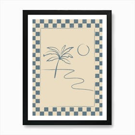 Palm Tree Beach Scene with Checkered Border Art Print