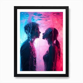 Cyber Serenade: Lovers in a Pink Hued Matrix. Underwater Couple Kissing/ love concept AI Aesestetc Art Print