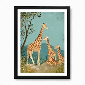 Herd Of Giraffes Resting Under The Tree Modern Illiustration 5 Art Print