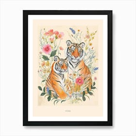 Folksy Floral Animal Drawing Tiger 10 Poster Art Print