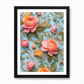 Peony Flowers On Blue Background Art Print