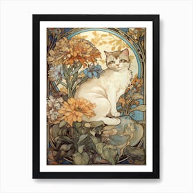 Chrysanthemums With A Cat 4 Art Nouveau Style Art Print