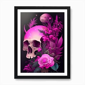 Skull With Cosmic Themes Purple Pink Botanical Art Print