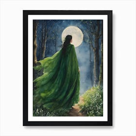 Green Maiden of the Moon ~ Lunar Gazing Moon Phases Witchy Artwork Fairytale Watercolour Pagan Painting Altar Cards - Tarot Oracle Witchcore Cottagecore Enchanted Forest Mysterious Woods Yoga Meditation Spiritual Awakening, Third Eye Heart Chakra Healing Goddess Ostara Festival Art Print