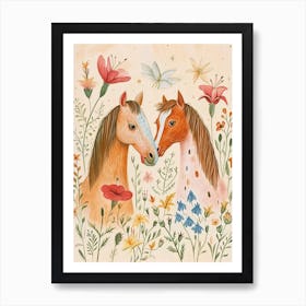 Folksy Floral Animal Drawing Horse Art Print