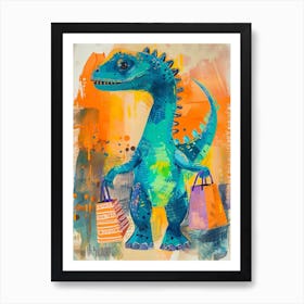 Dinosaur Shopping Orange Blue Brushstrokes  2 Art Print