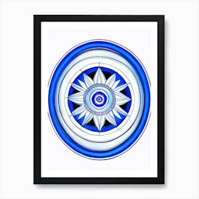 Dharma Wheel, Symbol, Third Eye Blue & White 6 Art Print