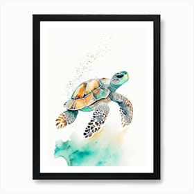 A Single Sea Turtle In Coral Reef, Sea Turtle Minimalist Watercolour 3 Art Print