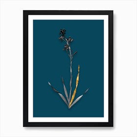 Vintage Bugle Lily Black and White Gold Leaf Floral Art on Teal Blue n.0494 Art Print