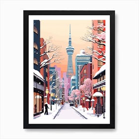 Vintage Winter Travel Illustration Tokyo Japan 2 Art Print