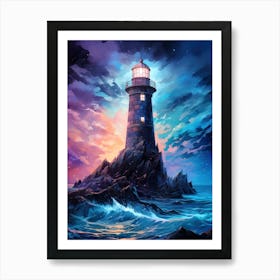 Lighthouse At Night - Purple Blue Sky Art Print
