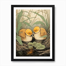 Ducklings With Pond Weed Japanese Woodblock Style 2 Art Print