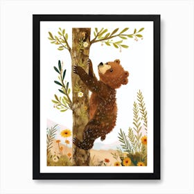 Brown Bear Cub Climbing A Tree Storybook Illustration 4 Art Print