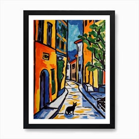 Painting Of A Street In Stockholm Sweden With A Cat In The Style Of Matisse 1 Art Print