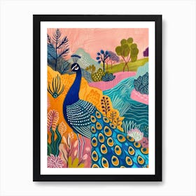 Folky Floral Peacock By The River 2 Art Print