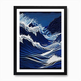 Rushing Water In Deep Blue Sea Water Waterscape Linocut 1 Art Print