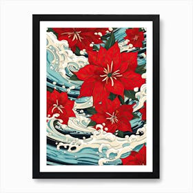 Great Wave With Poinsettia Flower Drawing In The Style Of Ukiyo E 1 Art Print