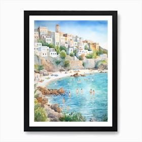 Swimming In Naxos Greece Watercolour Art Print