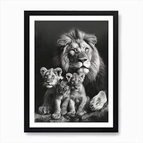 Barbary Lion Charcoal Drawing Family Bonding 4 Art Print