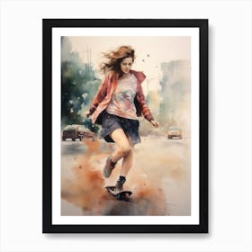 Girl Skateboarding In Sydney, Australia Watercolour 4 Art Print
