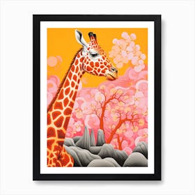 Giraffe With Trees In The Background Pink & Mustard 5 Art Print