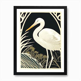 Cattle Egret Vintage Linocut 1 Art Print