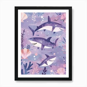 Purple Shark In The Waves Illustration 3 Art Print