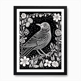 B&W Bird Linocut Cuckoo 2 Art Print