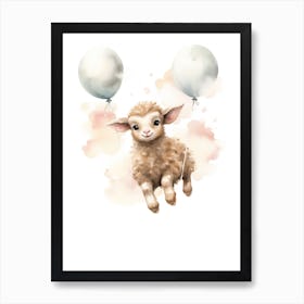 Baby Sheep Flying With Ballons, Watercolour Nursery Art 4 Art Print