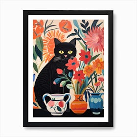 Anemone Flower Vase And A Cat, A Painting In The Style Of Matisse 3 Art Print