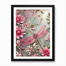 Dragonfly And Flowers Art Print