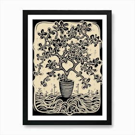 B&W Plant Illustration Jade Plant 3 Art Print