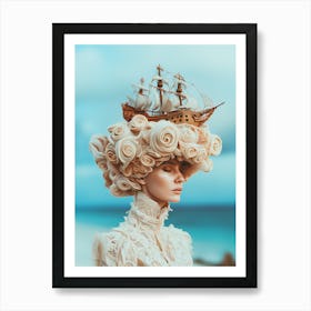 "Tropical Beach Woman with Ship Crown" Art Print