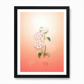 Pink Oenothera Flower Vintage Botanical in Peach Fuzz Seigaiha Wave Pattern n.0258 Art Print