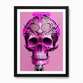 Skull With Steampunk Details 1 Pink Line Drawing Art Print