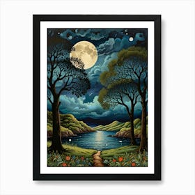 William Morris Rose Full Moon Over The Lake 1 Art Print