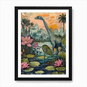 Dinosaur With Lotus Flowers Painting 3 Art Print