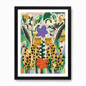 Twin Cheetahs Floral Pattern Art Print