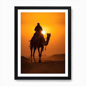Silhouette Of Camel Rider At Sunset Art Print