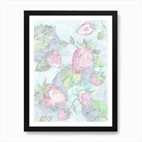 Pointillist Fruits Strawberries And Leaves Art Print