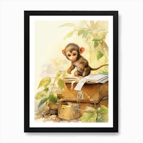 Monkey Painting Collecting Stamps Watercolour 3 Art Print