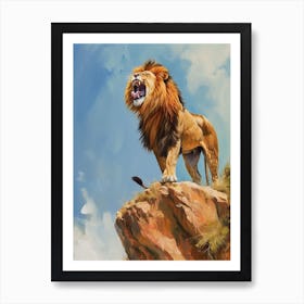 African Lion Roaring On A Cliff Acrylic Painting 3 Art Print