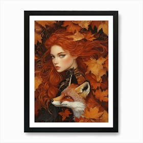 Fox And Beautiful Girl Art Print