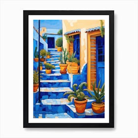 Blue House With Potted Plants Art Print