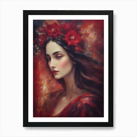 Andromeda ~ Red Goddess of Bewitching, Other Worldly Enchanting Dark Floral Beautiful Painting by Sarah Valentine Art Print