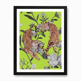 Tiger Floral Vintage Green Illustration Art Print