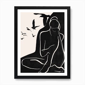 Woman Silhouette With Birds Art Print