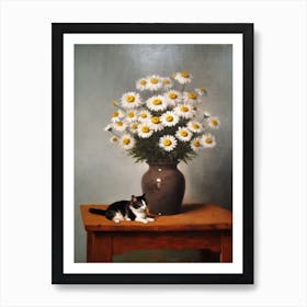 Painting Of A Still Life Of A Daisies With A Cat, Realism 2 Art Print